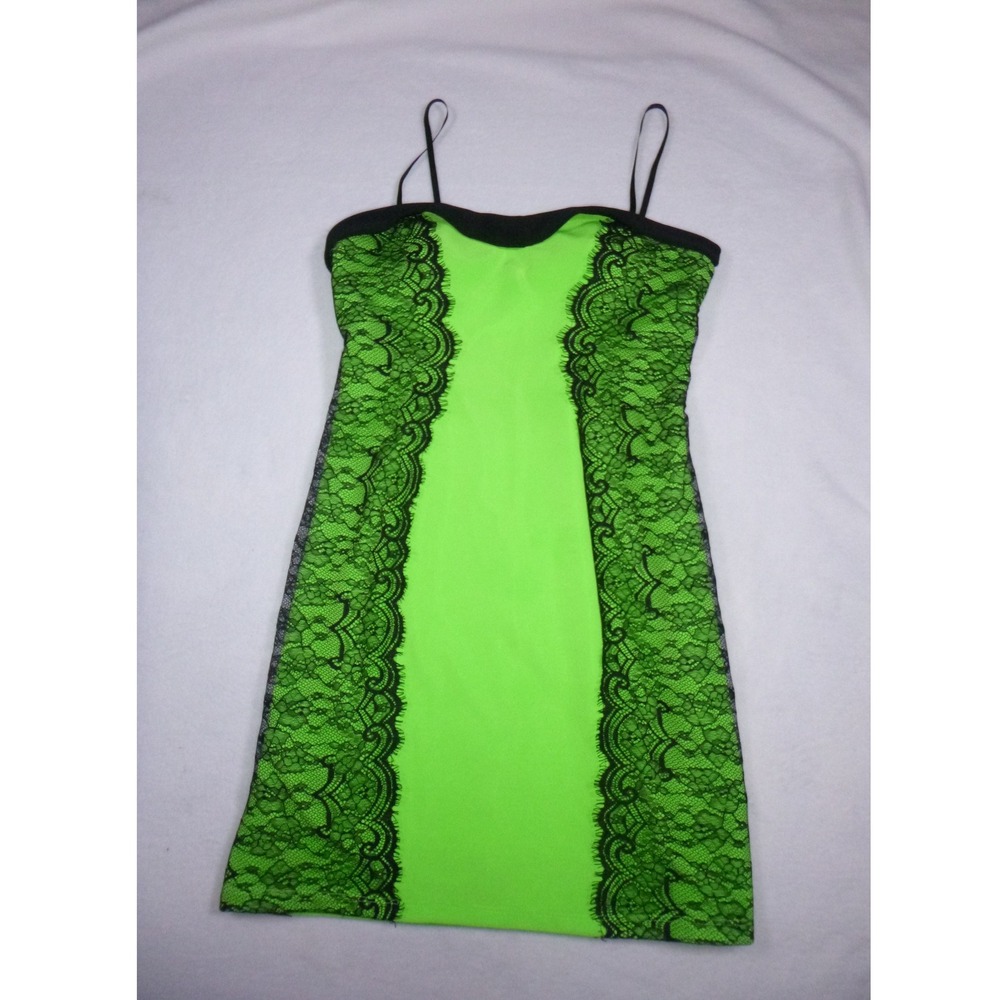 City Studio Neon Lime Green Black Lace Mesh Back Bodycon Mini Dress Large